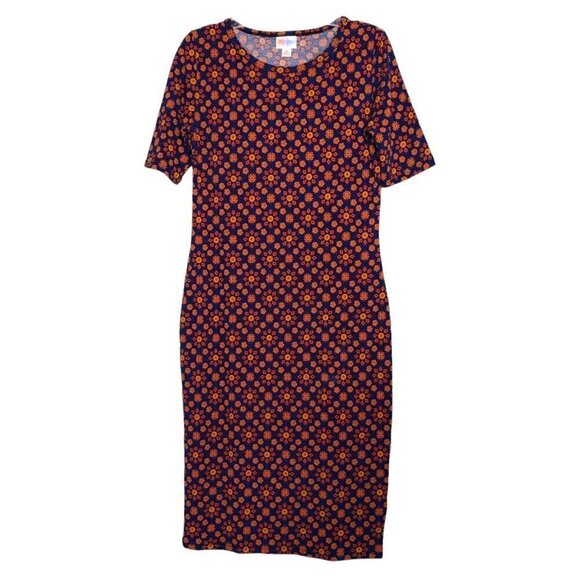 New - LULAROE Julia Dress Orange & Red Floral w Black & Blue Geometric - Size XS - Picture 1 of 5